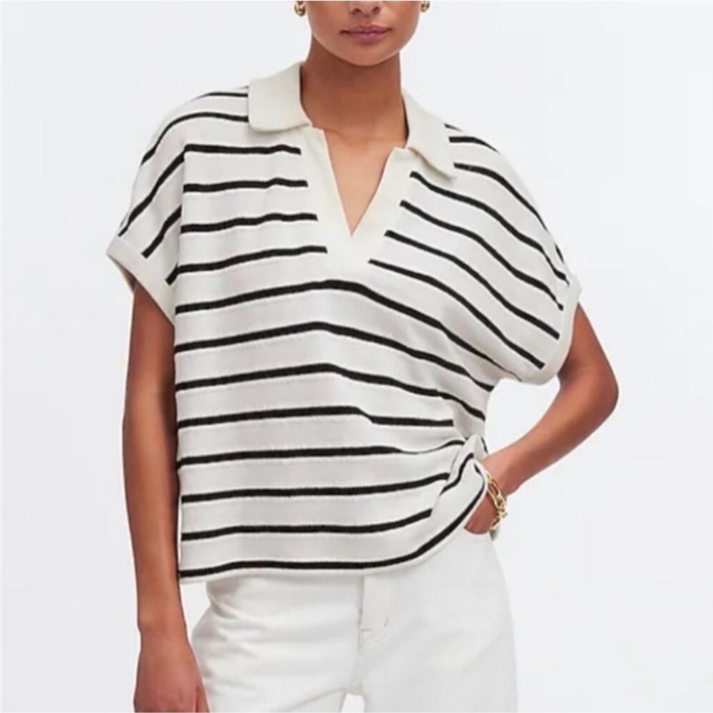 Madewell Striped Short Sleeve Polo Sweater - Picture 2 of 11